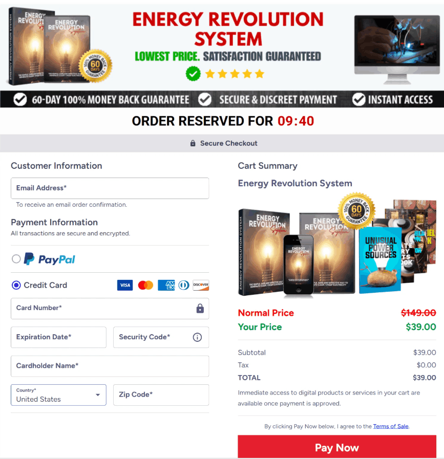 Energy Revolution system Checkout Page